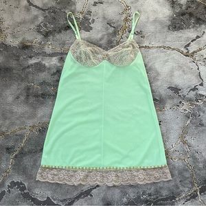 Rare vintage Van Raalte 50s sheer sea foam green slip dress with nude lace trim